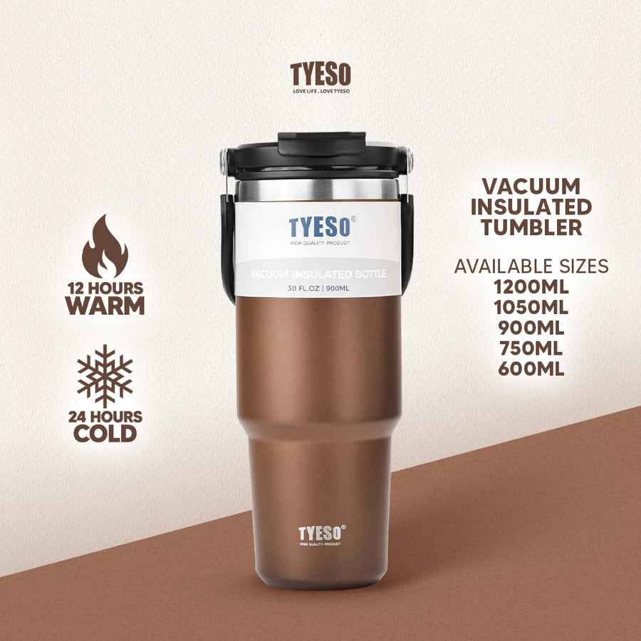Tyeso Vacuum Insulated Tumbler w/ Handle & Straw 600ml/750ml/900ml/1200ml Stainless Steel Brown - Tyeso Philippines