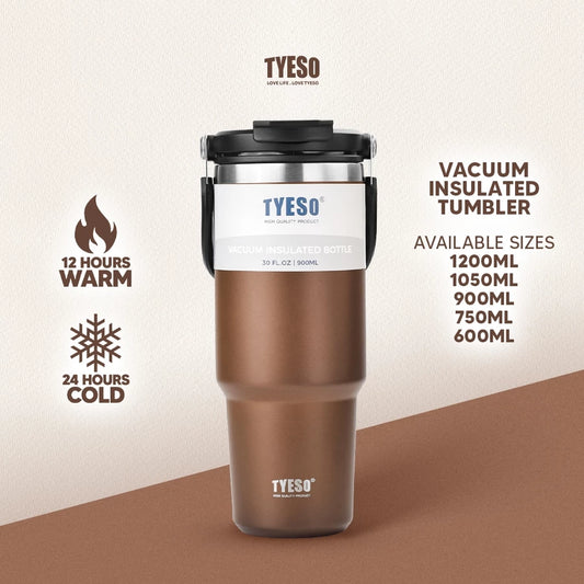 Tyeso Vacuum Insulated Tumbler w/ Handle & Straw 600ml/750ml/900ml/1200ml Stainless Steel Brown - Tyeso Philippines